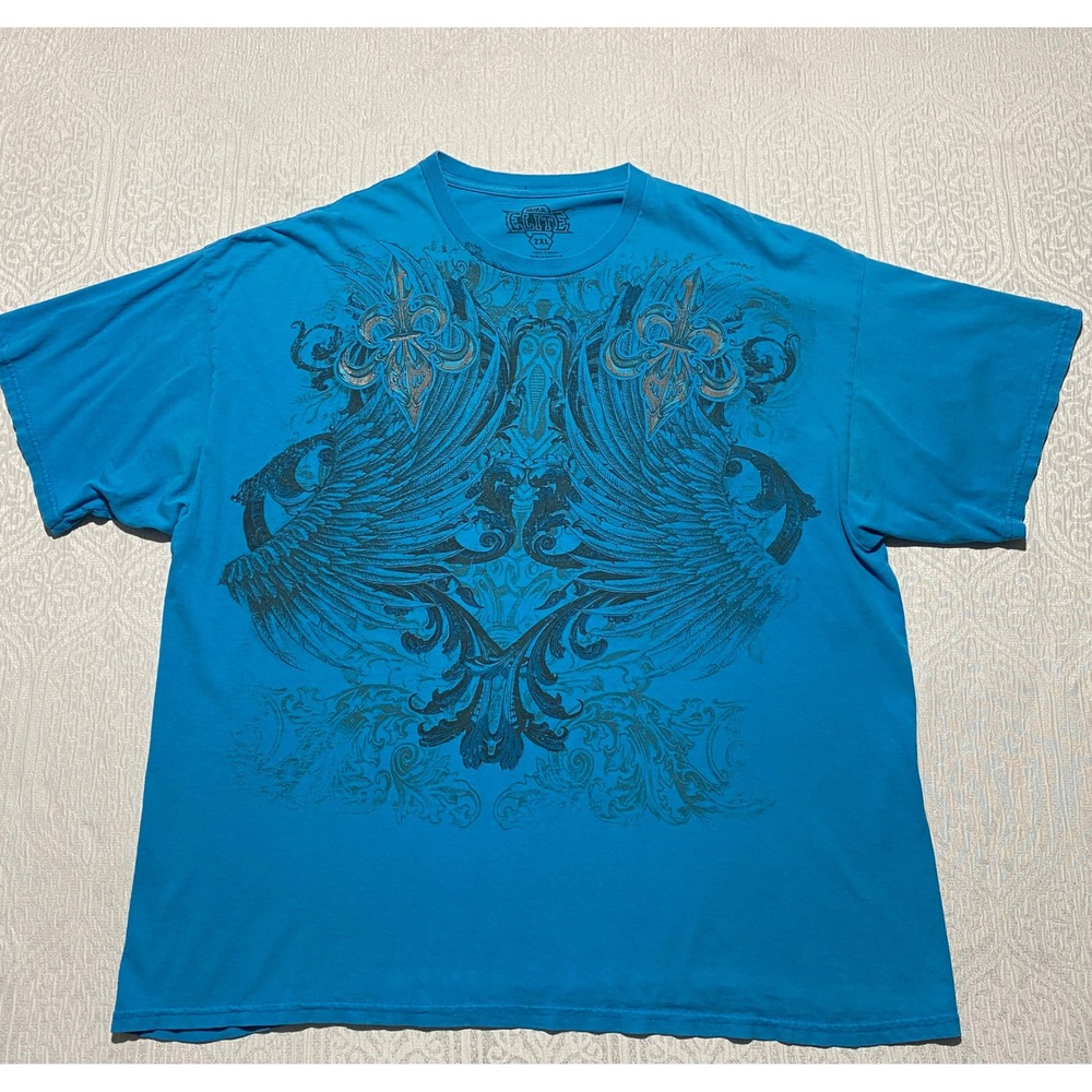 MMA Elite T Shirt Mens 2XL Blue Fleur De Lis Winged Graphic Honor Respect Y2K